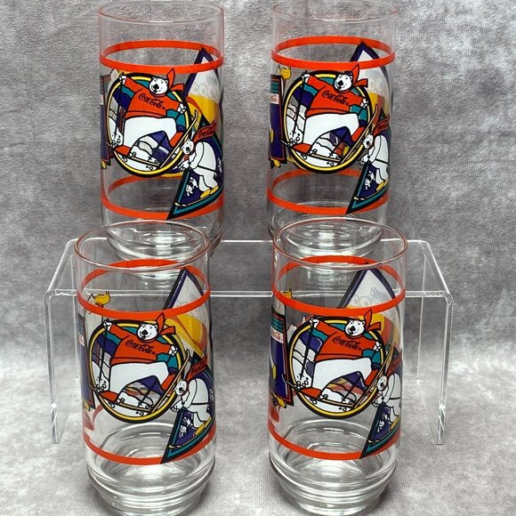 1995 Coca-Cola Polar Bear Glasses Set Of 4 Vintage Winter Sports 14 Oz - Picture 5 of 9